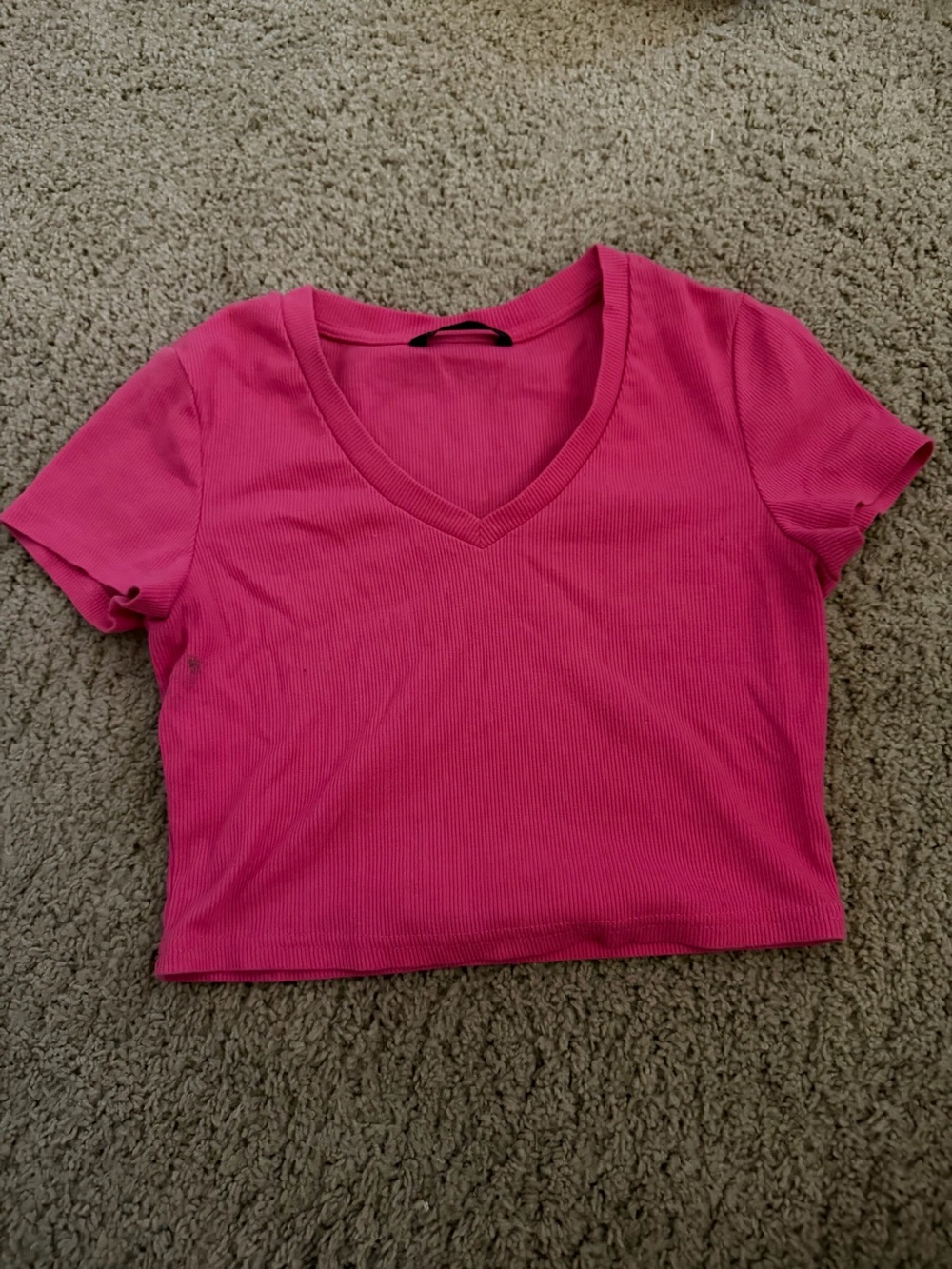 SHEIN Hot Pink V-Neck Ribbed Short Sleeve Crop Top